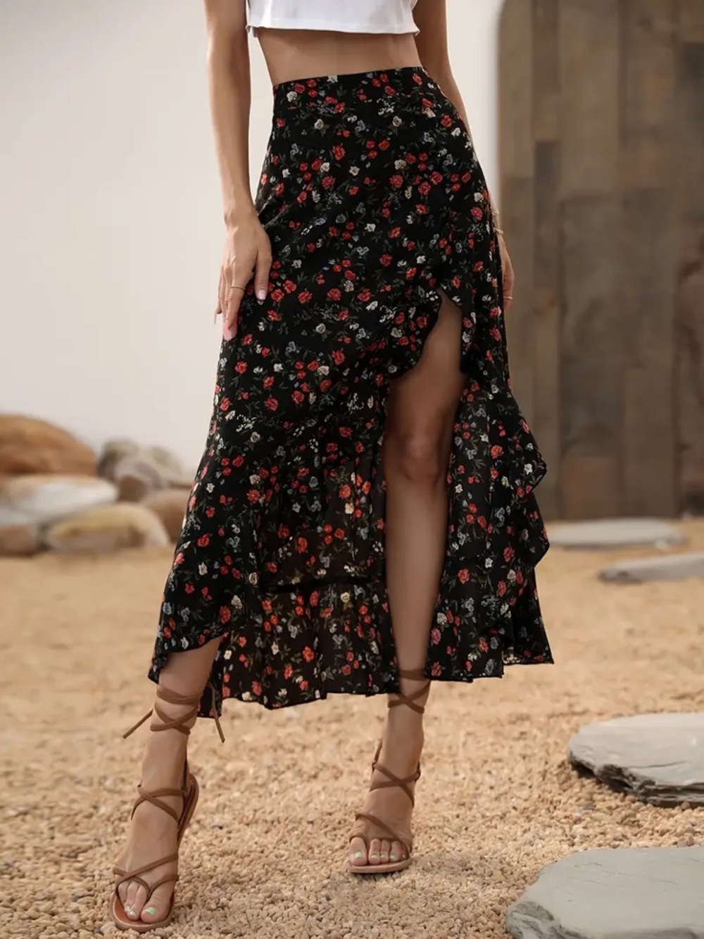 NWT Free People Flynn Skye Nadia Asymmetrical Skirt Midi High Slit Black Floral